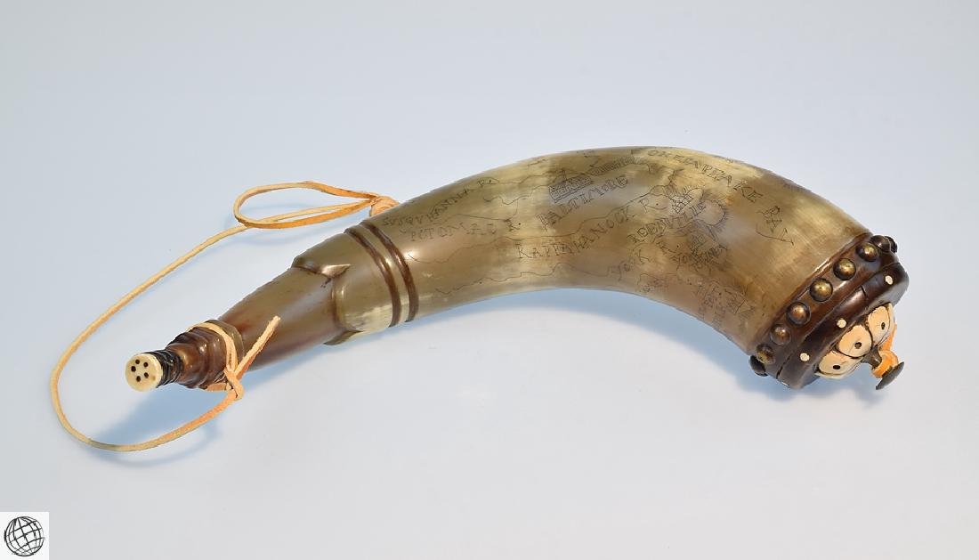 Antique American ENGRAVED POWDER HORN Abel Mason Esq: Details: This lot consists of an engraved antique powder horn from our Civil War Estate Collection. The scrimshaw on this impressive piece features an inscription that reads "Abel Mason Esq." and incl
