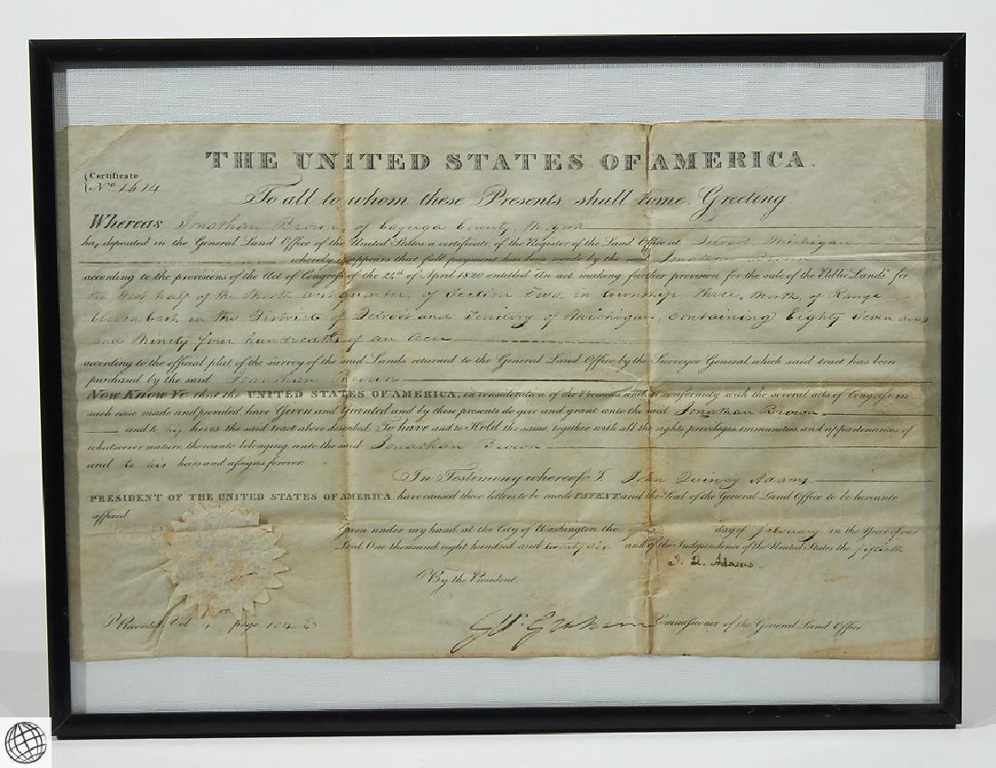 Land Grant SIGNED JOHN QUINCY ADAMS As President United: Details: This land grant issued to Jonathan Brown of Cayuga County, New York in regards to a plot in Detroit, Michigan is signed by John Quincy Adams as President of the United States and countersigne