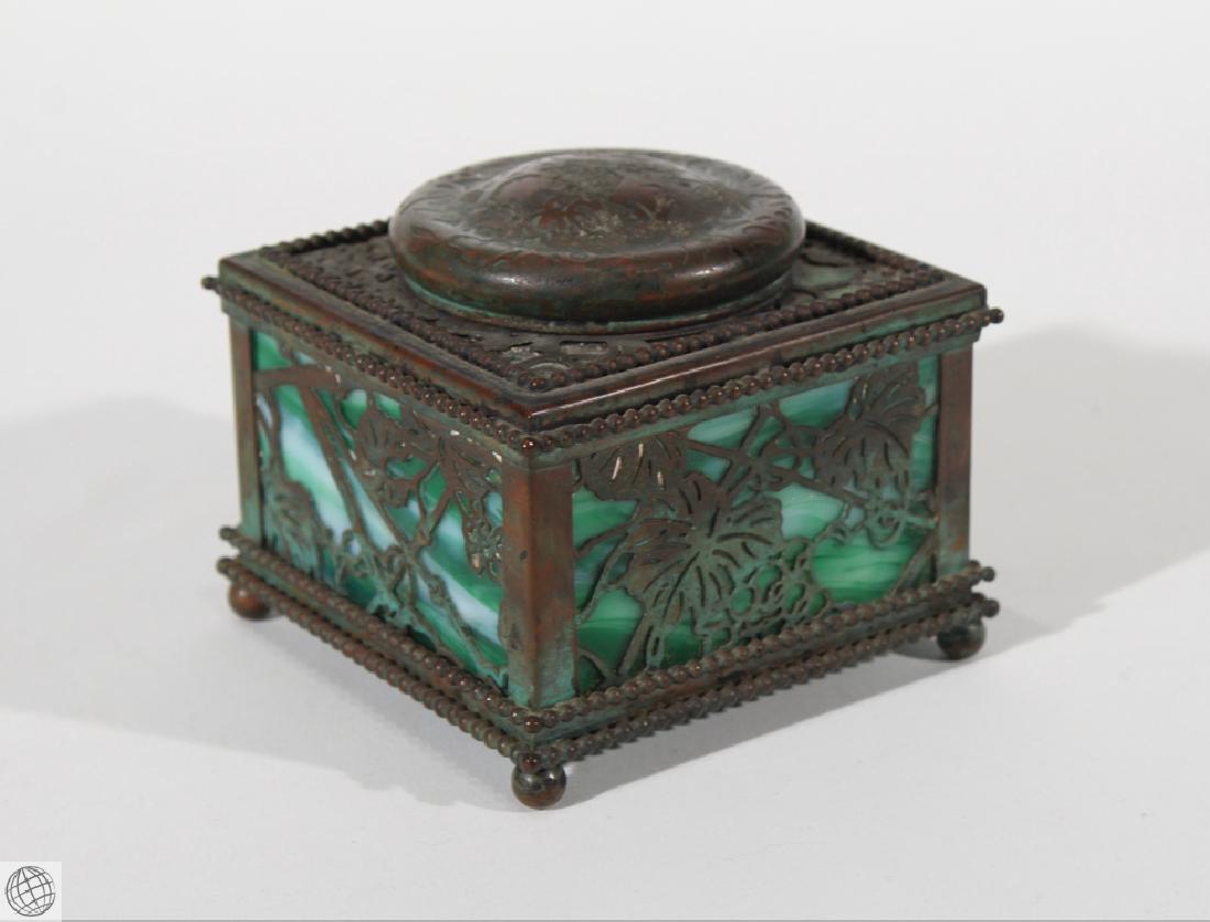 Antique Decorative TIFFANY STUDIOS INKWELL Green Glass: Details: Antique Green Glass Grapevine Bronze Patina Tiffany Studios New York Inkwell #124. Measuring approx. 4" high by 4" wide by 4" deep. Bronze with green stained glass. Glass inkwell insert. Show