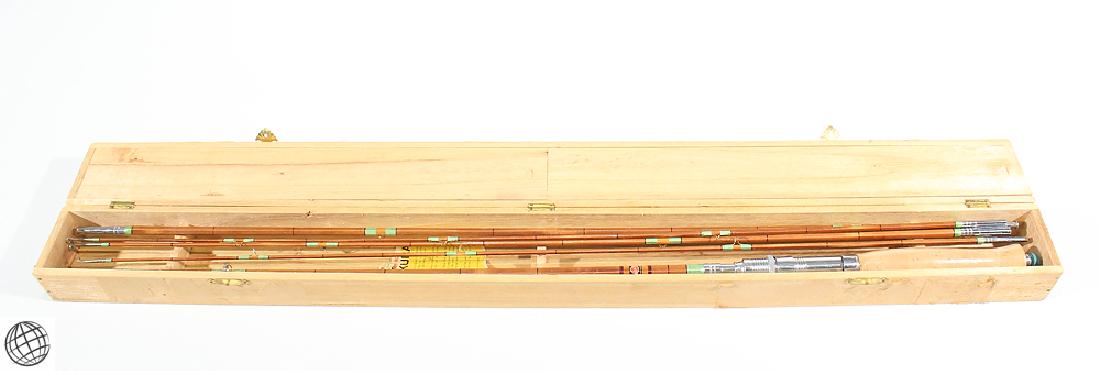 Circa 1950 ORIGINAL BOXED VINTAGE SAKURA SPLIT BAMBOO: Details: Circa 1950s boxed vintage Sakura split-bamboo fly rod, with unused Sakura tackle samples in packaging.Featuring: Original wooden storage box, with sliding lid compartment. Contains 16 vintag