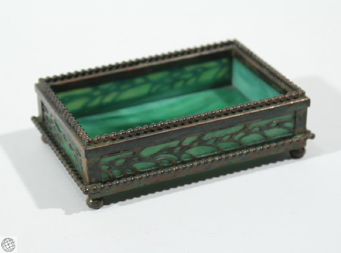 Antique Decorative TIFFANY STUDIOS TRINKET BOX Vine: Details: Antique Tiffany Studios Green Glass Vine Pattern Bronze Trinket Box. Measuring 4 1/2" wide by 3" deep by 1 1/2" high, this decorative Tiffany box is of open design, without lid. Made of green
