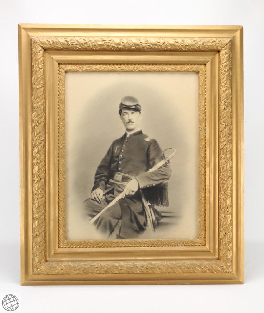 Civil War Soldier PROJECTION PORTRAIT Hand Colored: Details: This original antique projection portrait depicting a Civil War soldier is hand-heightened with charcoal and ink.It is framed to approx. 26"x30".Please attend our live sale to inspect this a
