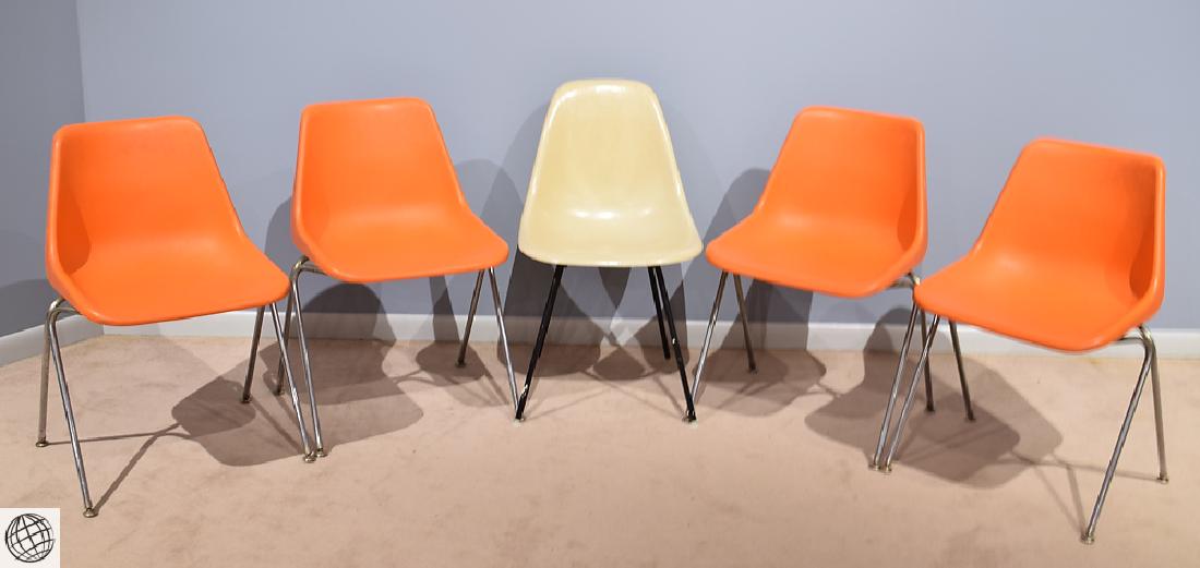 5Pcs John Stuart Robin Day Herman Miller MID-CENTURY: Details: 5Pcs This quintet of molded bucket chairs were originally purchased at Contemporary Trends, a noted retailer of modern designer furnishings, circa 1960s.The four orange chairs are John Stuar