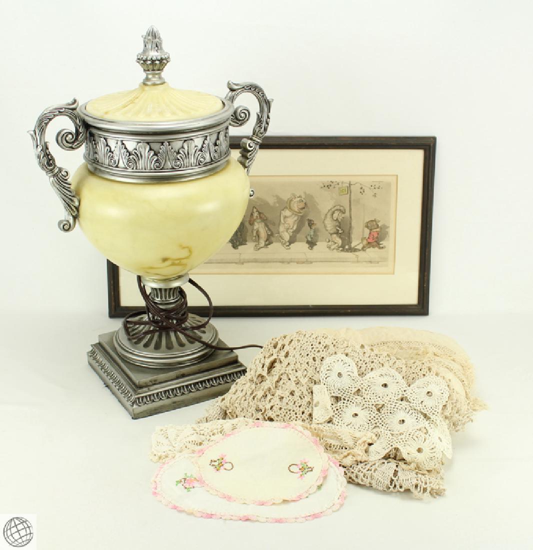 12Pcs Vintage FRAMED ETCHING DECORATIVE DOILIES TABLE: Details: 12 Pcs. This lot comprises an original signed etching, decorative doilies, crocheted table runners, embroidered table runners, and a vintage plastic urn lamp. This lot includes: Original, ar