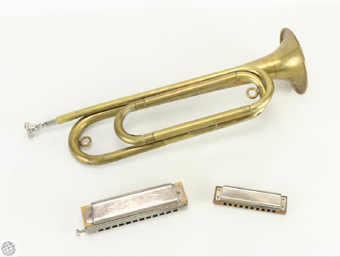 3Pcs Musical Instruments BUGLE AND HARMONICAS Official: Details: 3Pcs. This lot comprises a diatonic marine band harmonica, chromatic harmonica, and an Official Boy Scouts of America bugle. One Hohner Marine Band harmonica. 10 hole, diatonic, Key of C majo