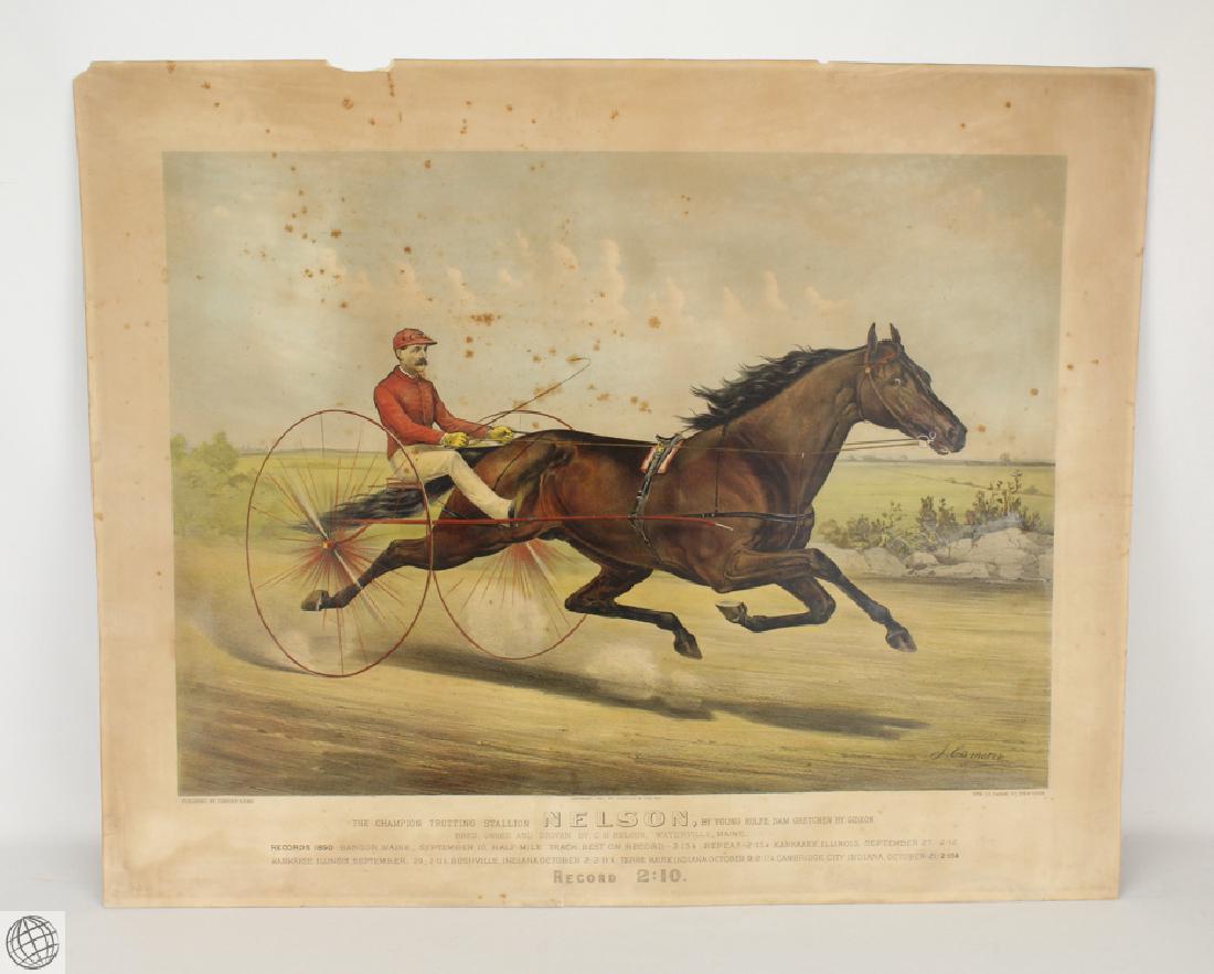 Currier And Ives ORIGINAL HAND COLORED STONE LITHOGRAPH: Details: Original antique large folio size hand colored stone lithograph by Currier and Ives. "The Champion Trotting Stallion Nelson, By Young Rolfe. Dam Gretchen By Gideon. Records 1890, Bangor Maine