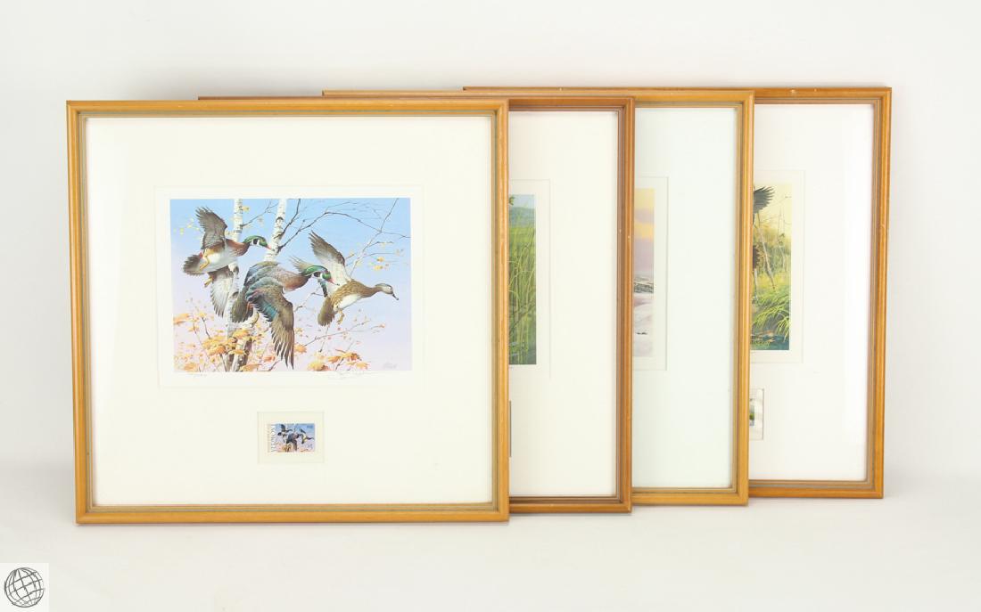 4Pcs Vermont Migratory Waterfowl JIM KILLEN MONTAGES: Details: These four migratory waterfowl stamp and print montages by Jim Killen are signed, numbered, and framed to approx. 16"x16" each. Please attend our live sale to inspect these pieces in person.