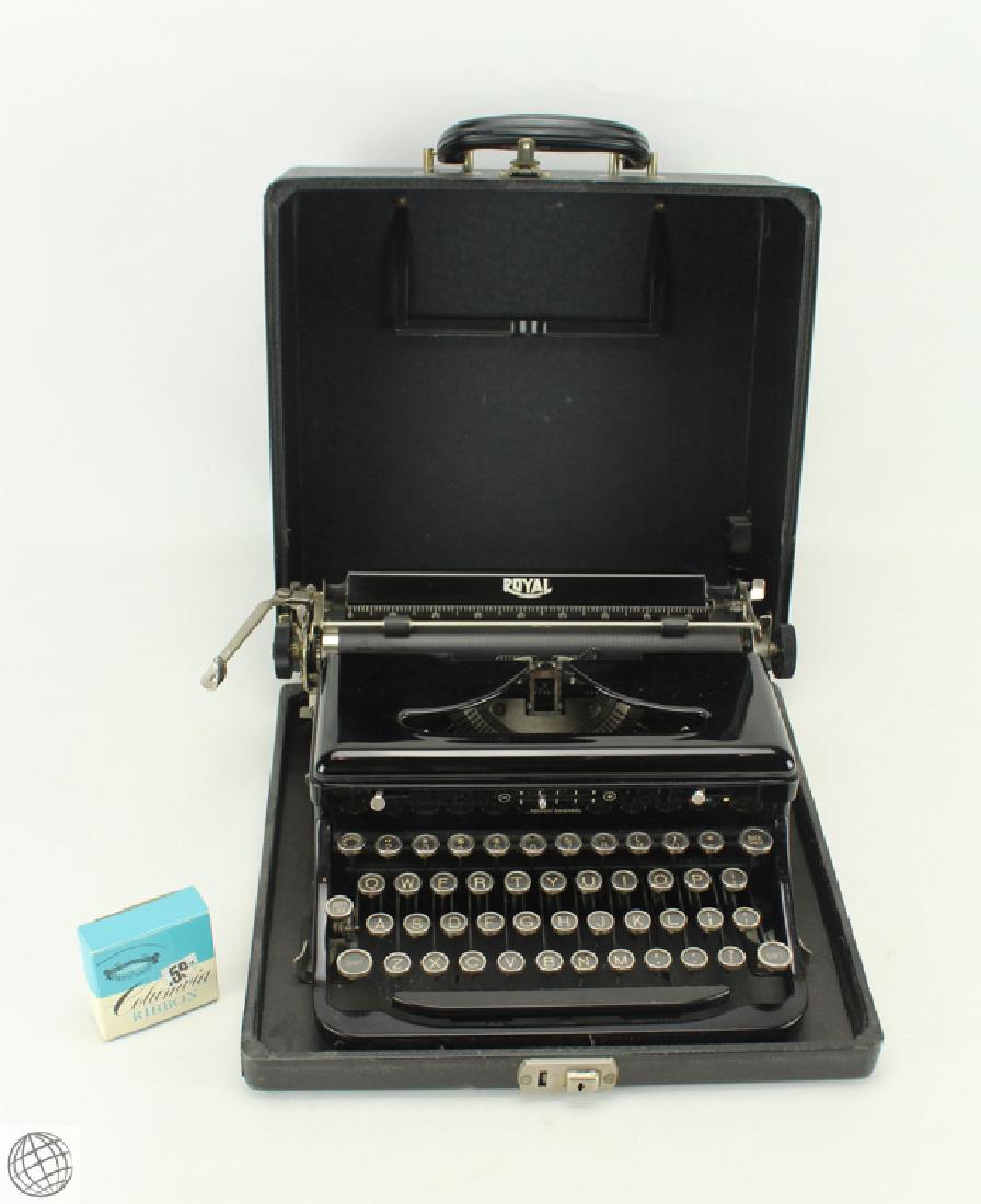 Antique ROYAL MODEL O PORTABLE TYPEWRITER Gloss Black: Details: Antique Royal Model 'O' portable typewriter. Made in 1937, this handsome Royal typewriter features 42 keys (white characters on black), margin release key, dual shift keys, shift lock, and b