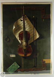 The Old Violin WILLIAM MICHAEL HARNETT C1903: Details: HARNETT, William Michael (1848-1892). The Old Violin. Covington, Kentucky: Donaldson Art and Sign Company, c.1903. Chromolithograph. Repaired tear at top. Image size (including text): 35 x 2