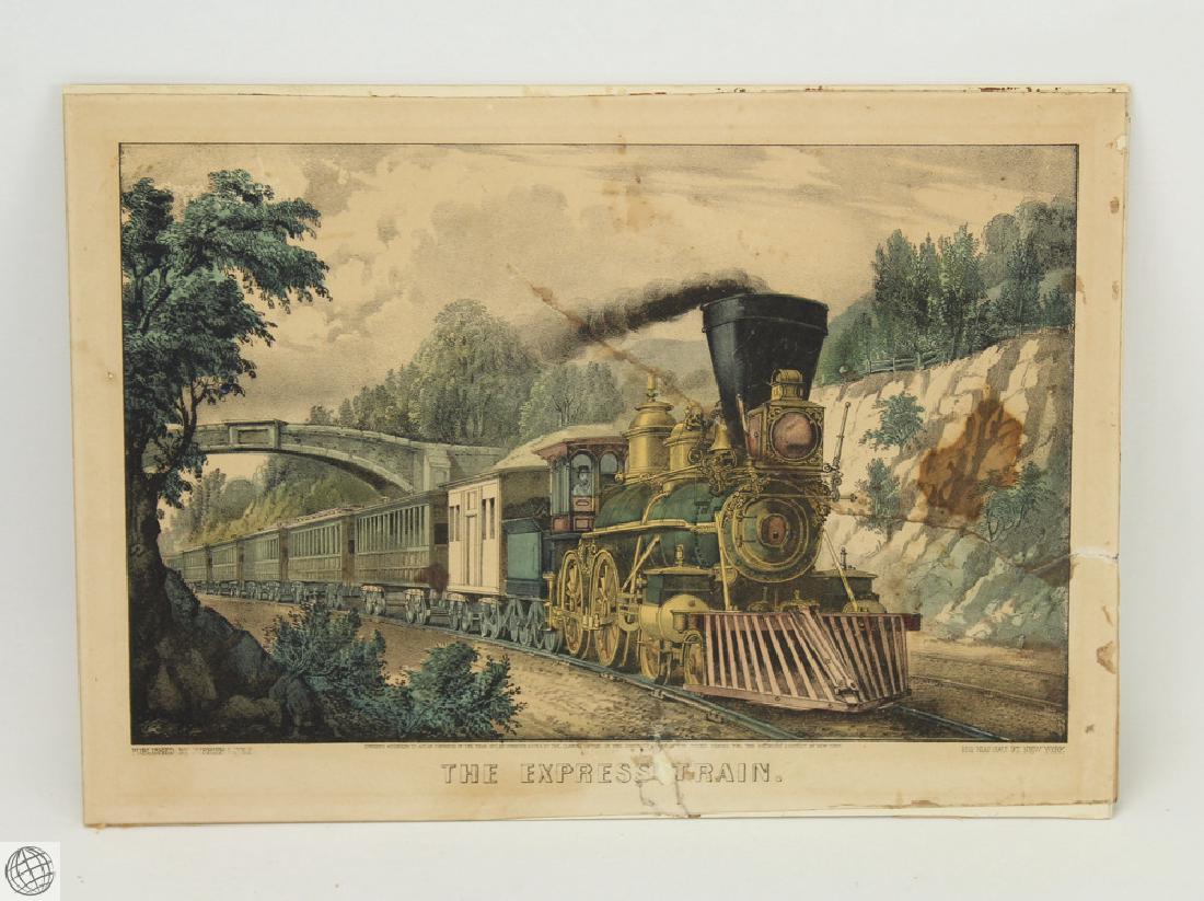 C1870 Antique Original CURRIER AND IVES HAND COLORED: Details: c.1870 Antique original hand-colored Currier and Ives lithograph. Depicts, "the Express Train." Measures 14" wide by 10" high. Board mounted. Condition / Notes: This antique lithograph shows 