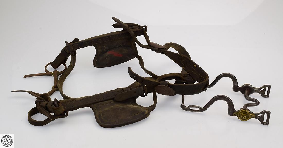 2Pcs US Military Equestrian Tack ARTILLERY BIT AND: Details: 2Pcs This lot consists of antique cavalry or mounted troops tack and accouterments. Included are a curb bit with "US" bit bosses and a bridle with blinkers and rosettes. The bit has "US" on p