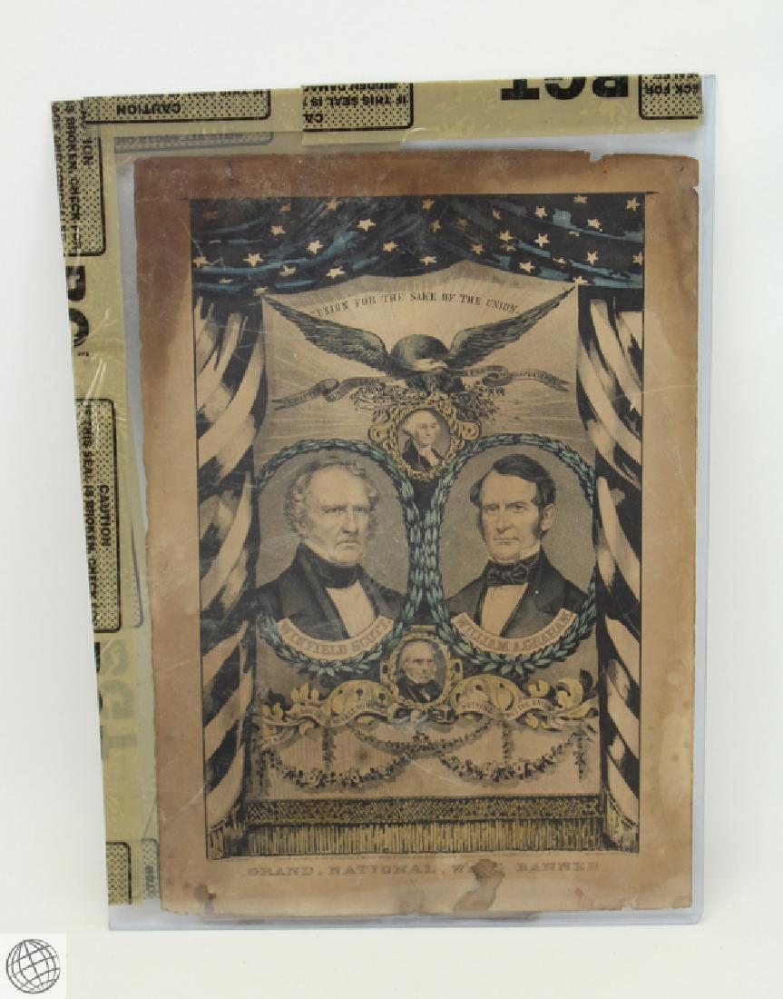 C1852 Antique Original CURRIER AND IVES HAND COLORED: Details: C. 1852 Antique original hand-colored Currier and Ives lithograph. Depicts, Winfield Scott & William A. Graham campaign poster. Measures 10" wide by 14" high. Unmounted. Contained in heavy du