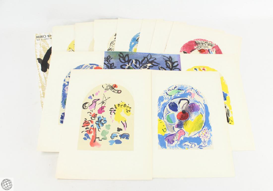 15Pcs Lithographs Woodcut Engravings By And After: Details: 15Pcs This lot consists of a group of lithographs by and after Marc Chagall as well as the original woodblock engravings by Joan Miro, c. 1960's or later. The lithographs by and after Chagall