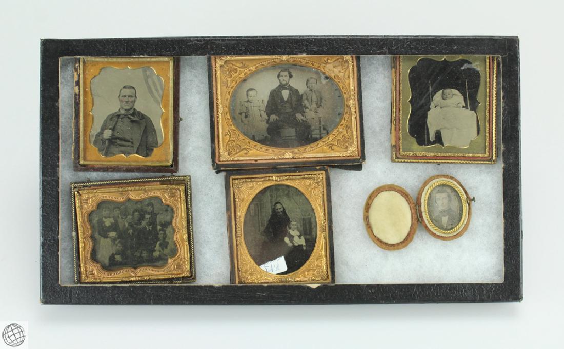 6Pcs Antique 19th CENTURY PHOTOGRAPHIC PORTRAITS IN: Details: 6Pcs. This lot comprises a boxed collection of antique photographic portraits in individual frames. Included in this lot is a variety of portraits of varying sizes in frames, or decorative ca