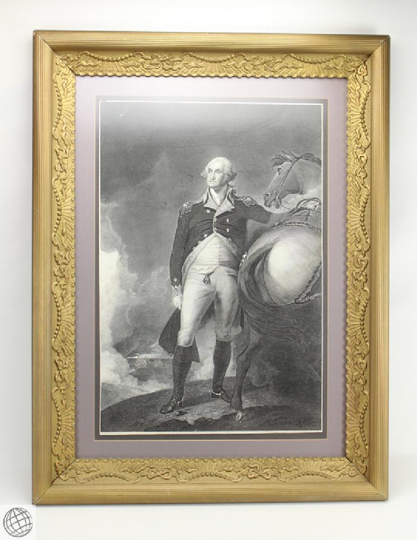 C.1836 Original FRAMED GEORGE WASHINGTON ENGRAVING: Details: C.1836 "Washington at Dorchester Heights" Original large format engraving by Thomas Kelly after Gilbert Stuart. Boston, Massachusetts. Trimmed margins, not examined outside of frame. Measure