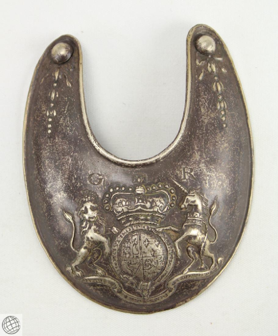 British GORGET WITH COAT OF ARMS Antique Uniform Armor: Details: This lot consists of a silver tone military gorget bearing repousse relief of the Royal coat of arms and supporters with the cypher "GR" on either side for Geroge Rex (aka King George) and f