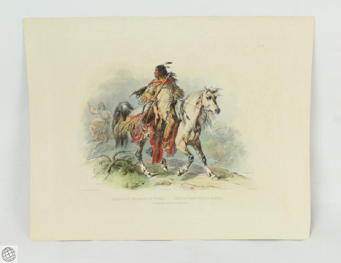 Bodmer BLACKFOOT INDIAN ON HORSE-BACK 1922 Hand Colored: Details: BODMER, Karl (1809-1893). A Blackfoot Indian on Horse-Back. [Vig. 19]. [Leipzig: Schmidt and Guenther, 1922]. Hand-colored aquatint engraving by L. Weber after Bodmer. Sheet size: 12 3/4 x 16