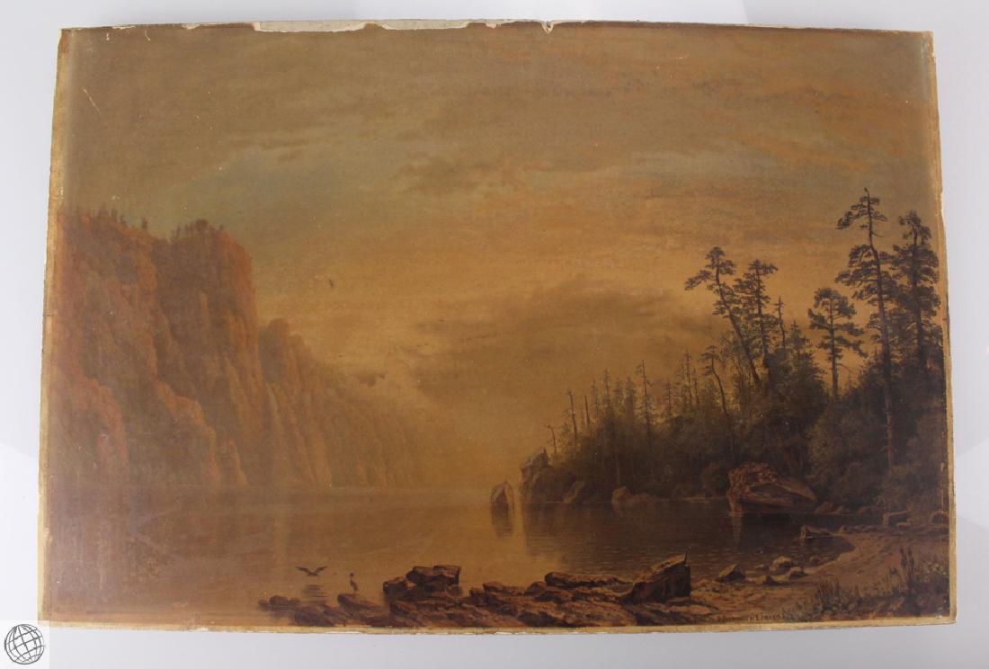 Antique BIERSTADT LITHOGRAPH California Wilderness: Details: This lot comprises a lithograph after A. Bierstadt, by Prang's American Chromos, L. Prang & Co.. This work is titled, "Sunset". Measures 18.5" by 12", mounted on board. Depicting a majestic w