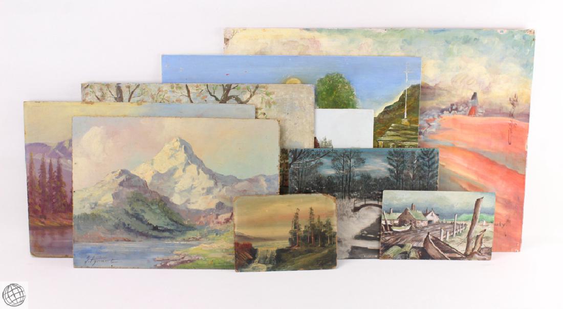 9Pcs Antique and Vintage ORIGINAL OIL ON BOARD: Details: This lot comprises nine vintage and antique original oil on board paintings. Examples of subjects and artists include: Seacoast, nature, A. Tomlinson, mountain scenery, Renkiewitz, shepherd,