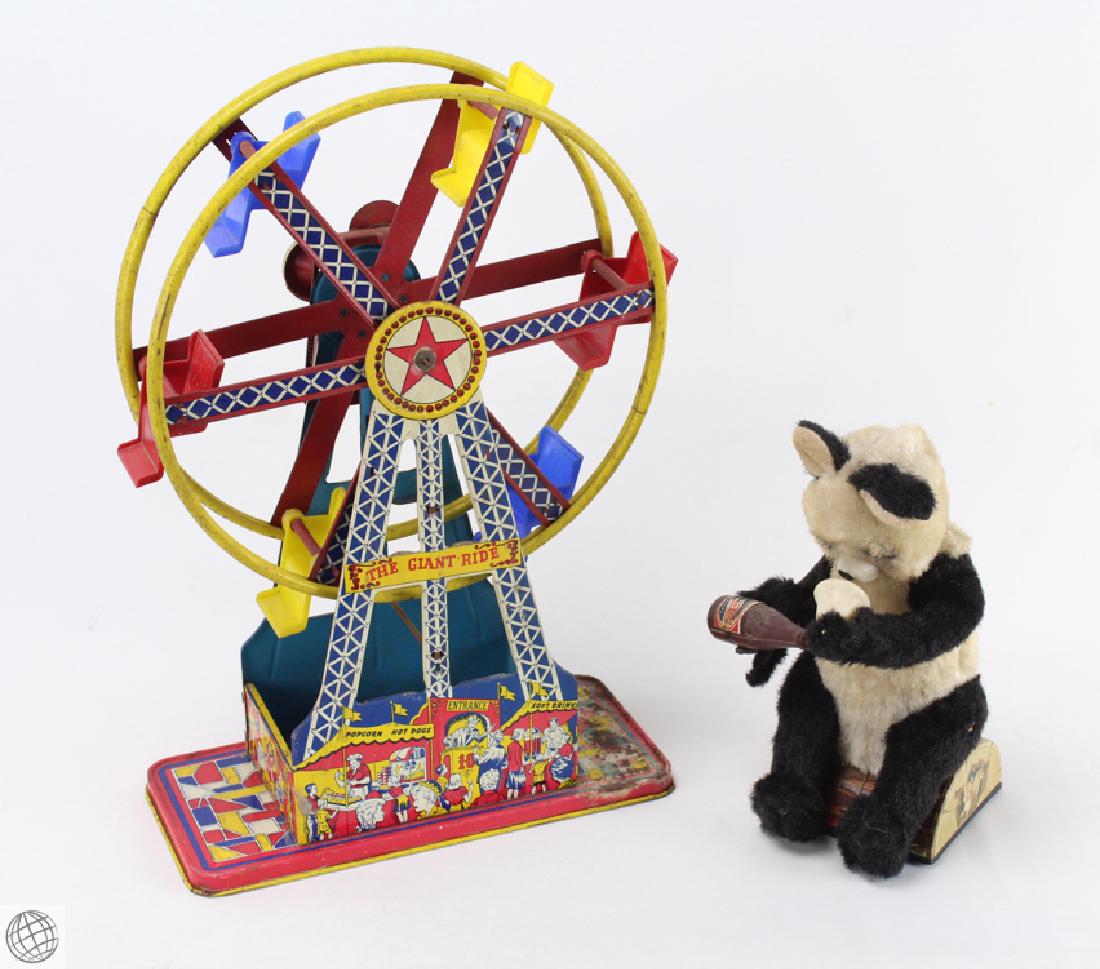 2Pcs Litho VINTAGE STAMPED METAL MECHANICAL TOYS Japan: Details: 2Pcs. This lot comprises vintage litho stamped metal toys. Consisting of: Vintage Japan 1959 ALPS Panda Bear Tin Electronic/Mechanical Toy Drinking Cola, which measures approximately 6" wide