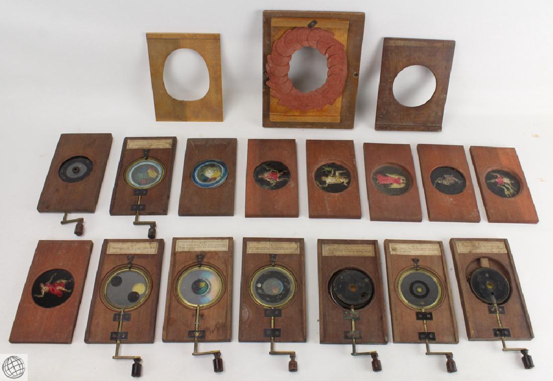 17Pcs Educational ANTIQUE ASTRONOMY VISUAL AIDS: Details: This lot comprises 17 antique astronomy teaching tools. These feature colored glass, depicting constellations; which are mounted to simple wooden frames. Several of these features hand-cranke