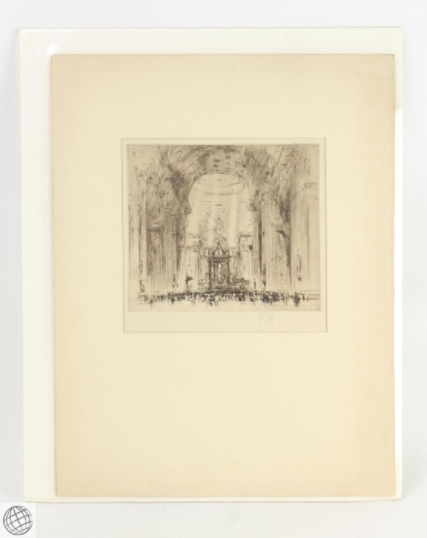 C1919 Antique WILLIAM WALCOT ORIGINAL SIGNED ETCHING: Details: C.1919 William Walcot "Interior of St. Peters, Rome" original signed etching; with drypoint, roulette and aquatint. Reference: Dickins 60Measures 13" wide by 16" high. Matted, and shrink-wra