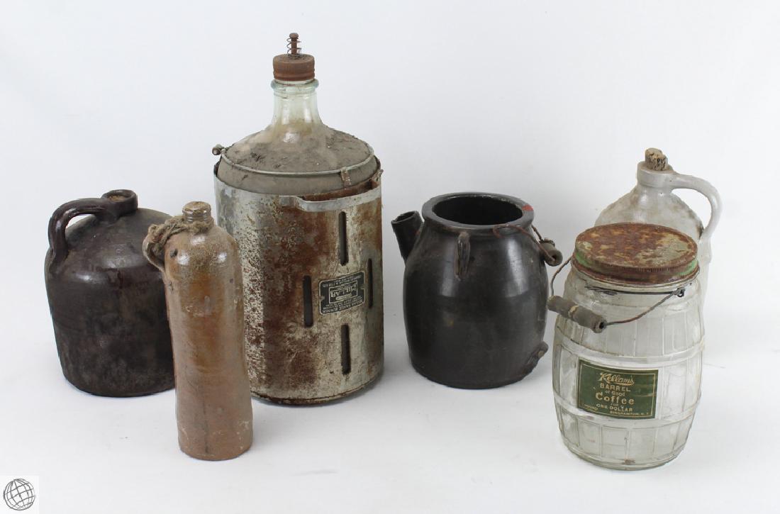 6Pcs Vintage & Antique STONEWARE AND COLLECTIBLE: Details: This lot comprises Antique and Vintage stoneware vessels, a stoneware kettle, a Millar Range Burner jug, a Killams 3 pound coffee jug, and a Georg K Bluzberg No.36 stoneware canister. These
