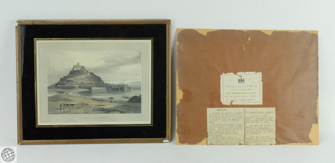 2Pcs. C.1825 ANTIQUE ORIGINAL WILLIAM DANIEL AQUATINT &: Details: 2Pcs. Antique original William Daniel aquatint C.1825, "Saint Michael's Mount, Cornwall". Measures 16" wide by 13" high. Framed. Includes previous frame backing, which bears Arthur Ackerman a