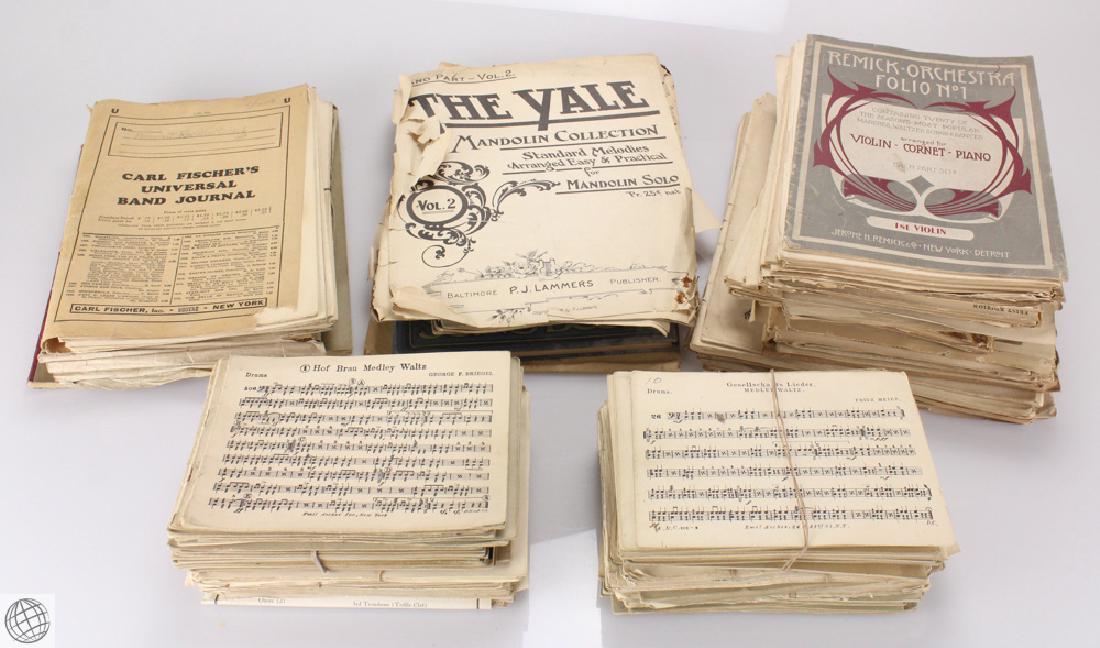 Large Collection VINTAGE AND ANTIQUE SHEET MUSIC: Details: This lot comprises a large collection of vintage and antique sheet music, (consisting of approximately 100 selections). A sample of titles includes: "Good Old Tunes For The Banjo" By Oliver