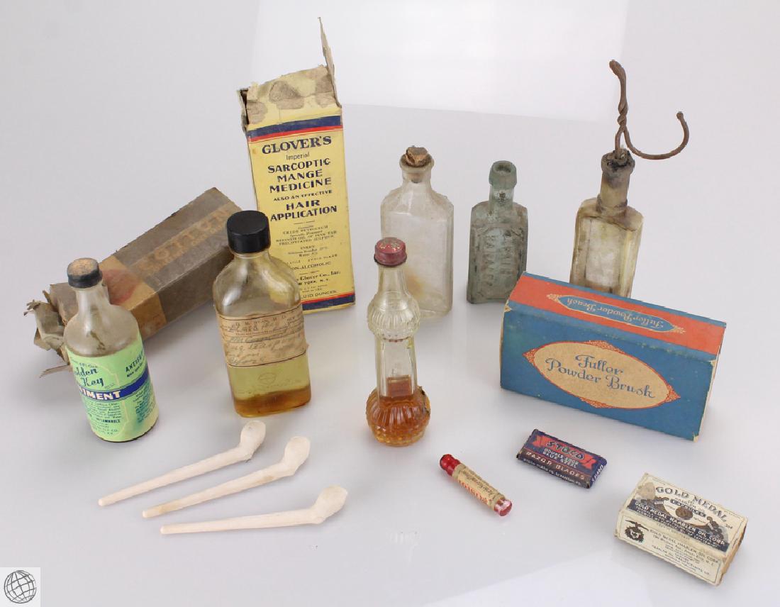 11Pcs VINTAGE AND ANTIQUE APOTHECARY AND MEDICINAL: Details: This lot comprises approximately 11 vintage apothecary materials. Includes antique bottles, vintage ointments, medicines and the like. Examples of these includes: Gold Medal Haarlem Oil Caps