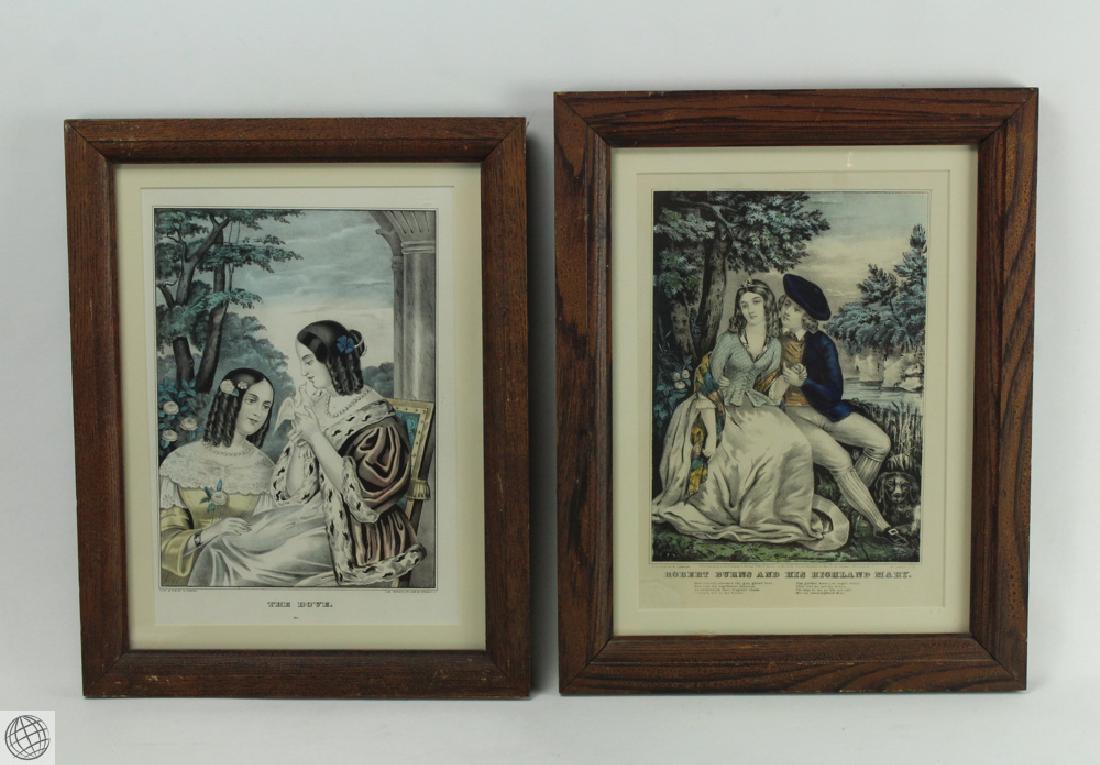 2Pcs C1846 CURRIER AND IVES HAND COLORED LITHOGRAPHS: Details: 2Pcs. This lot comprises two antique Currier and Ives hand colored lithographs, in frames. Consisting of: "The Dove" C. 1800s. Measures 14" wide by 18" high in frame. "Robert Burns and His Hi