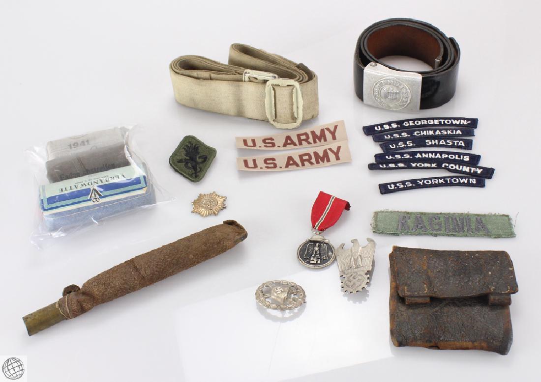8Pcs World War II ANTIQUE AND VINTAGE MILITARIA Sew-On: Details: This lot comprises eight pieces of antique and vintage militaria. Materials in this lot include: World War II German Ostvolk medal 2nd class in gold, with no swords, found at historical batt