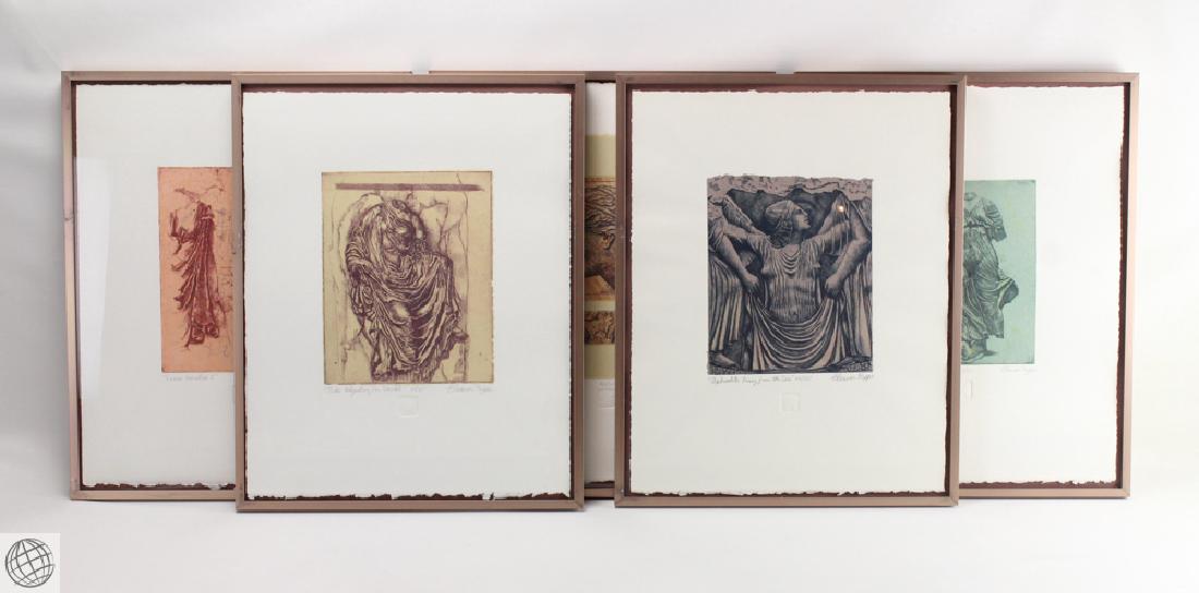 5Pcs Eleanor Rappe FRAMED ETCHINGS BASED ON FAMOUS: Details: This lot comprises five framed, signed and numbered Eleanor Rappe etchings, based on famous Greek sculptures. These include: "Nike Adjusting Her Sandal" 24/35 "Aphrodite Rising From The Sea" 