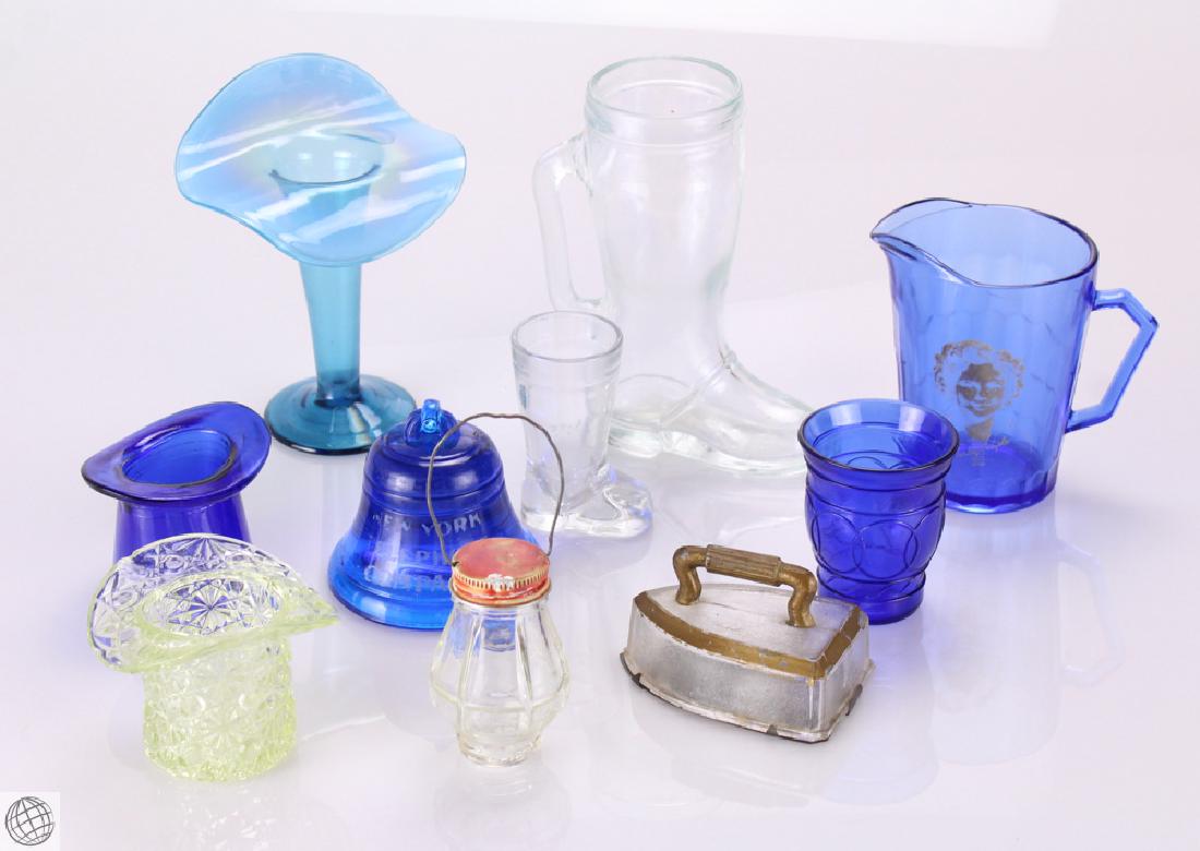 10pcs Antique Vintage DEPRESSION GLASS Estate Cobalt: Details: This Estate Lot is comprised of 10 pieces of various Vintage and Depression-era Glass.The 4 Cobalt items include a Top Hat toothpick holder, Bell Systems paperweight and a pitcher/creamer wh