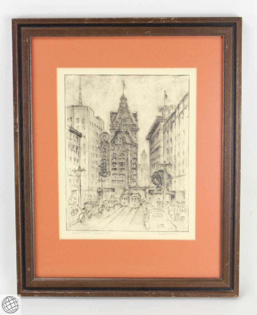 Vintage ORIGINAL ETCHING BY MAX FERNEKES Milwaukee: Details: Original etching by Wisconsin artist Max Fernekes, "Wisonsin Ave. Milwaukee" This work measures 13" wide by 16" high, and is framed. Max Fernekes (C.1905-1984) Max Fernekes is remembered for 