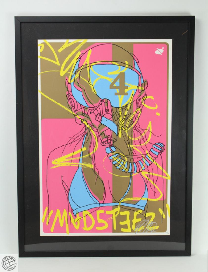 Numbered SIGNED MADSTEEZ PRINT Mark Paul Deren: Details: Signed, numbered print by MADSTEEZ aka Mark Paul Deren. Depicting a heavily stylized fighter pilot. Measures 24" wide by 34" high. Framed, with glass. Mark Paul Deren (born June 23, 1980), mo