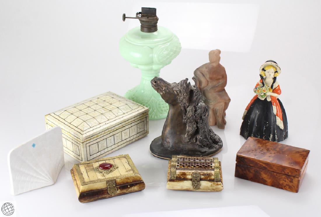 9Pcs Antique & Vintage ART OIL LAMP AND DECORATIVE: Details: This lot comprises nine antique and vintage collectibles, including: A decorative oil lamp, four sculptures (horse, clay woman, porcelain woman, and ceramic plaque), and four decorative anti