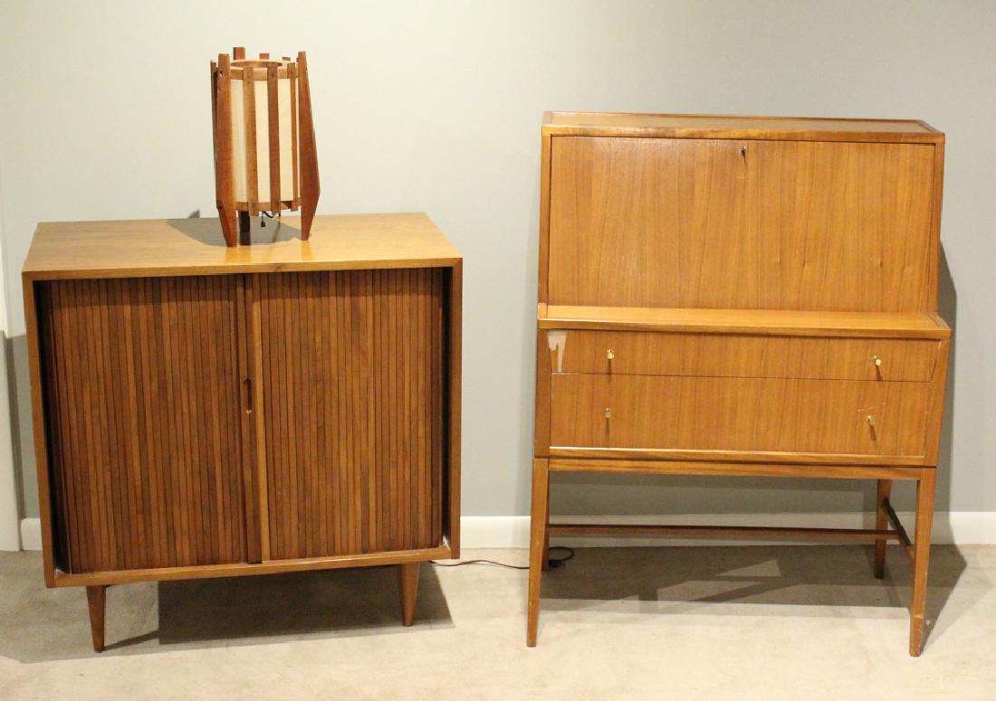 3Pcs Retro Furniture SECRETARY DESK - SIDEBOARD CABINET: Details: 3Pcs This lot consists of wood and veneer furniture pieces and includes a secretary desk, a cabinet with roll-back slatted doors, and a paper and wooden table lamp. The petite secretary desk,