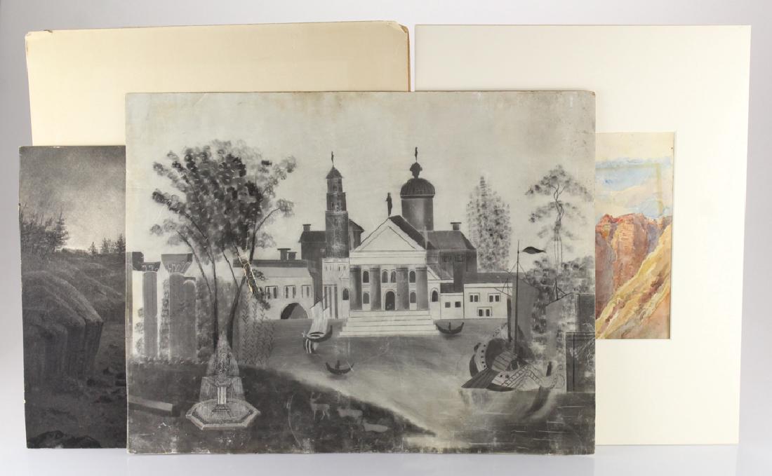 4Pcs Antique DRAWINGS AND PAINTING WATERCOLOR CHARCOAL: Details: This lot consists of 4 antique drawings and paintings. Included are a watercolor (approx. 13.25" x 8.75"), a charcoal seascape (approx. 13" x 21"), a textured black and white painting of a gr