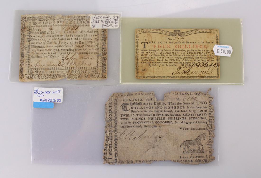 3Pcs American History COLONIAL CURRENCY Colony Issued: Details: This lot is comprised of 3 pieces of Colonial Currency, from Georgia, New York, and Virginia. Condition / Notes: This lot shows nicely with expected signs of age and wear. Please visit our li