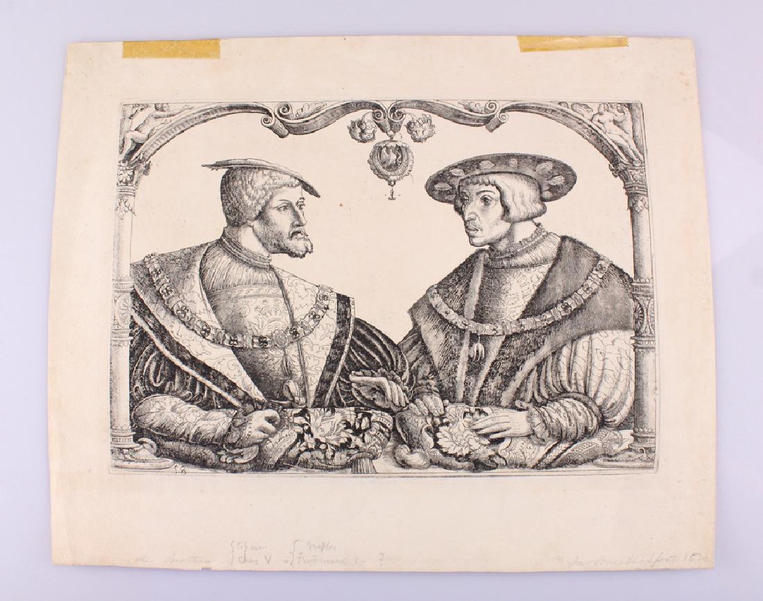 Charles V Ferdinand I Brothers Etching DANIEL HOPFER: Details: This etching on laid paper depicts Charles V and Ferdinand I and is attributed to Daniel Hopfer. It measures approx. 13"x10" overall.Daniel Hopfer (circa 1470 in Kaufbeuren â€“ 1536 in