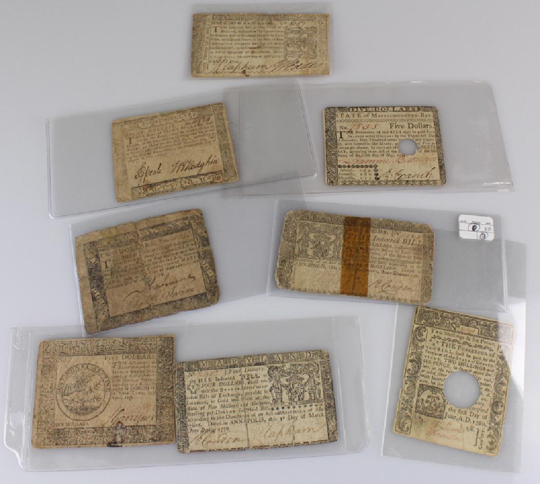 8Pcs 18th C AMERICAN CURRENCY 1767 1700 1774 1776 1778: Details: This lot comprises 8 pieces of 18th century American currency dated 1767, 1700, 1774, 1778, 1776 and 1780. The bill from Massachusetts is worth five dollars. The bills from Maryland are worth