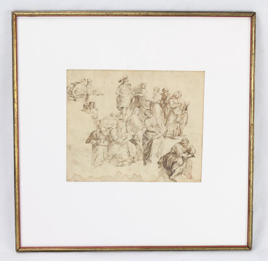 Antique Pen and Brown Ink OLD MASTER DRAWING FIGURE: Details: This lot is a framed old master pen and brown ink drawing. The figures depicted are after the the figures in bottom left corner of Raphael's "School of Athens." Included are studies of Rapha
