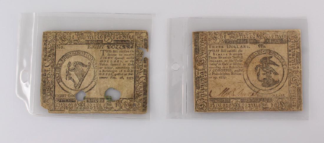 2Pcs Revolutionary War Era COLONIAL CURRENCY: Details: This lot is comprised of 2 pieces of Colonial Currency. A 3 dollar bill, dated 1775, and an 8 dollar bill dated 1777. Condition / Notes: This lot shows nicely with mild to moderate signs of a