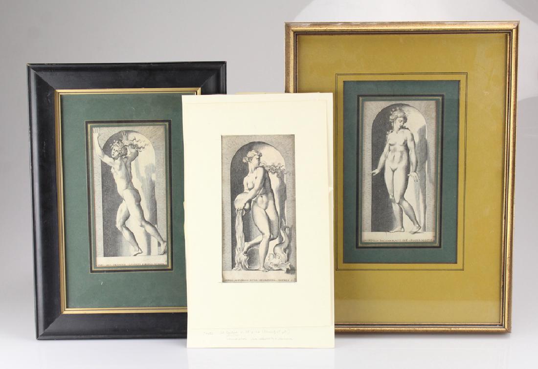 3Pcs Original Copper Engraving GIOVANNI JACOBO CARAGLIO: Details: This trio of c. 1526 copper engravings by Giovanni Jacopo Caraglio after Rosso Fiorentino depict various ancient mythological figures.See: Adam von Bartsch Le Peintre graveur. Vienna, 1803,
