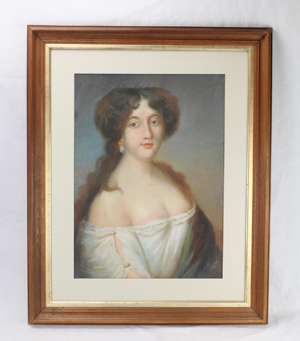 Large Antique PASTEL PORTRAIT OF A DARK HAIRED WOMAN ON: Details: This lot is a large framed antique pastel portrait of a dark haired woman on a blue background, possibly initialed M. S. It is done in early 19th Century style. The pastel is matted to an ap