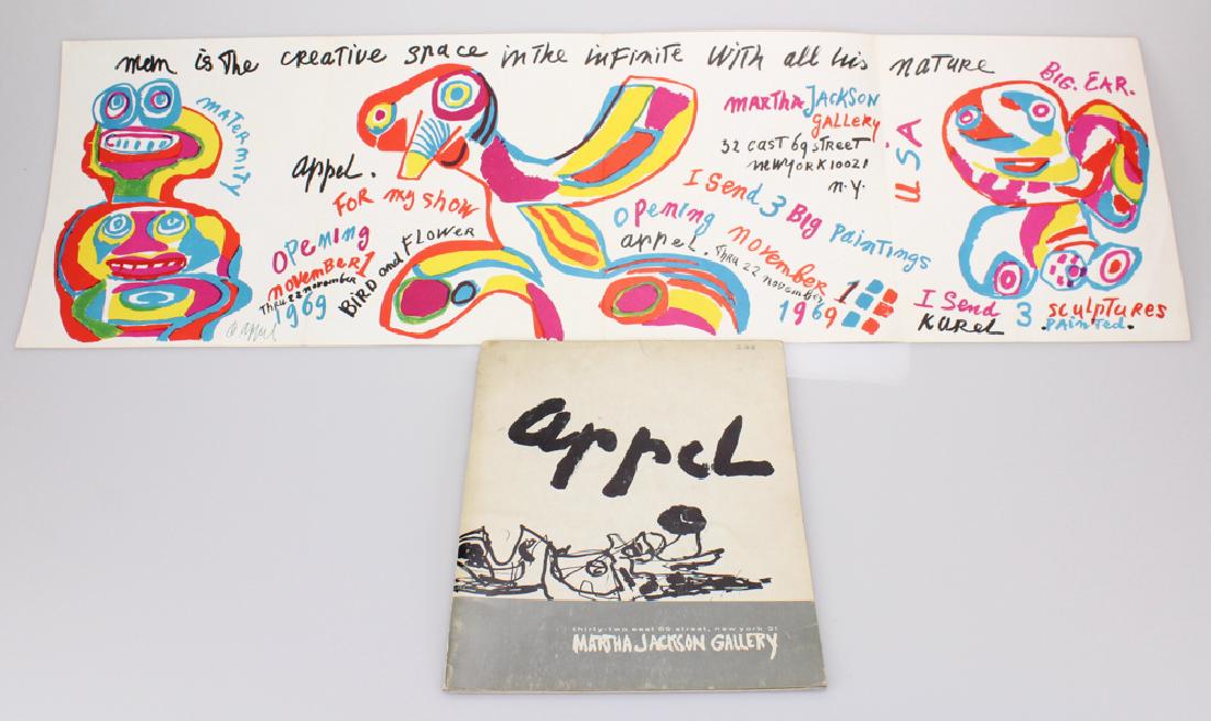 2Pcs Vintage KAREL APPEL EXHIBITION POSTER AND CATALOG: Details: This lot consists of a Karel Appel fold out screen-printed poster for the exhibition, "Man is the Creative Space..." which took place at the Martha Jackson Gallery 1969. The poster is signed 