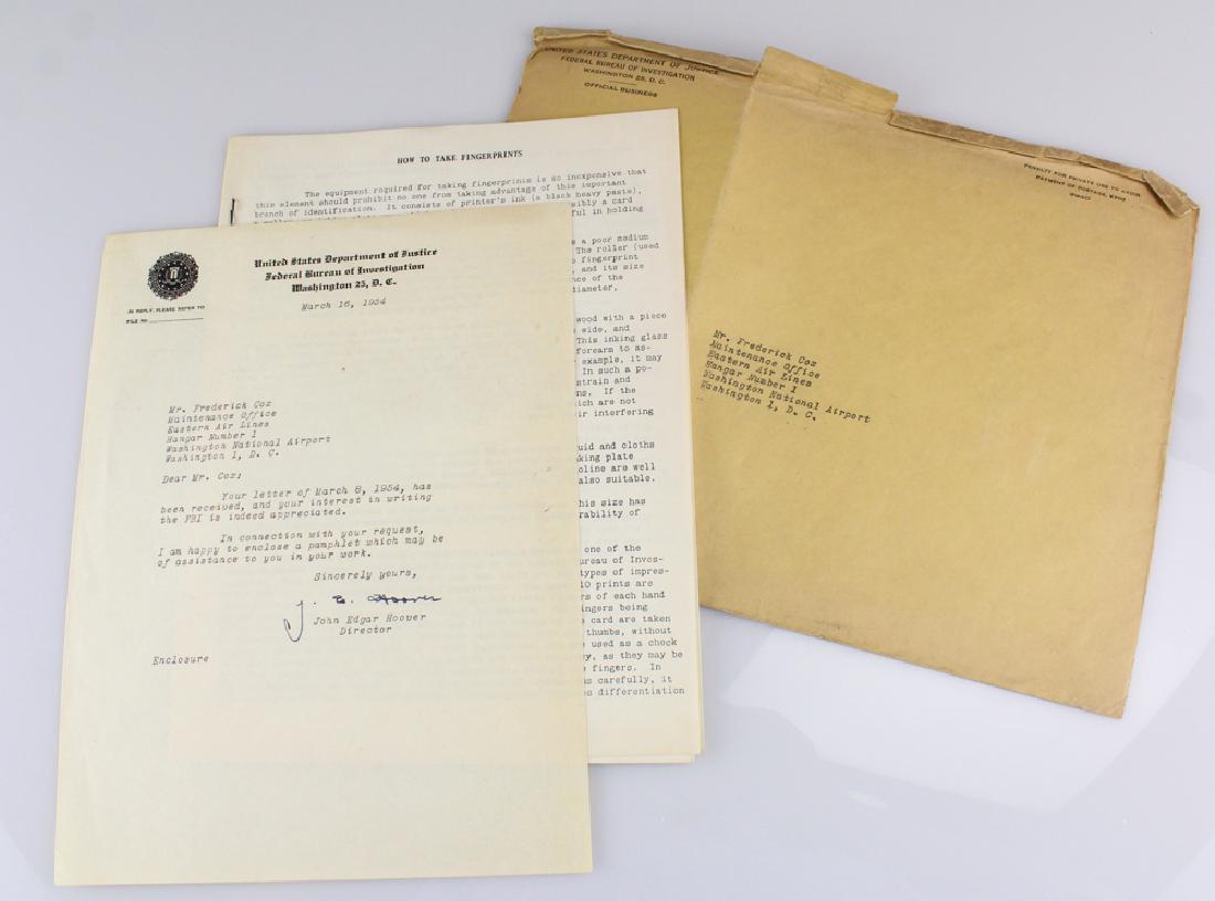 3Pcs American Crime J EDGAR HOOVER FBI Signature: Details: This lot is comprised of a letter signed by FBI Director, J. Edgar Hoover, a pamphlet entitled "How to Take Fingerprints," and the corresponding envelope. Condition / Notes: This lot shows we
