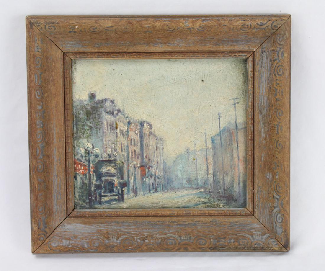 Small Antique Street Scene OIL ON BOARD: Details: This lot is comprised of an antique oil on board post-impressionist street scene painting. Signed "Wright" in the lower right hand corner. It is in a possibly original carved wooden frame. T