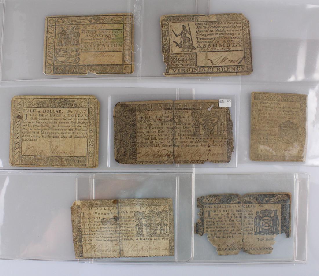 7Pcs 18th C AMERICAN CURRENCY 1767 1770 1775 1776 1777: Details: This lot comprises 7 pieces of 18th century currency dated 1767, 1770, 1775, 1776 and 1777. The bill from Pennsylvania is worth four-pence. The bills from Maryland are worth two dollars, hal